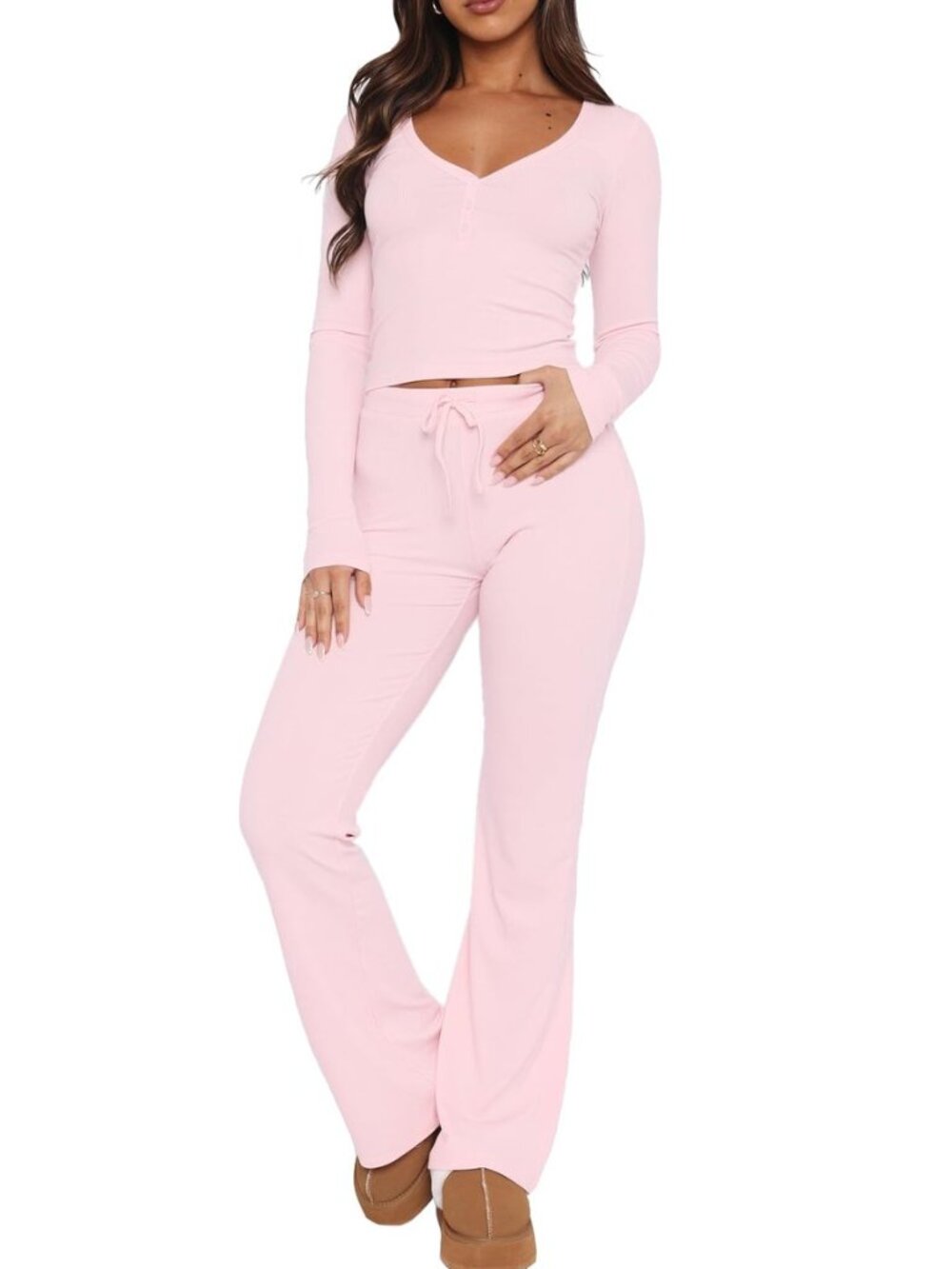 Women's Lounge Sets Two Piece Outfits Long Sleeve Crop Button Down